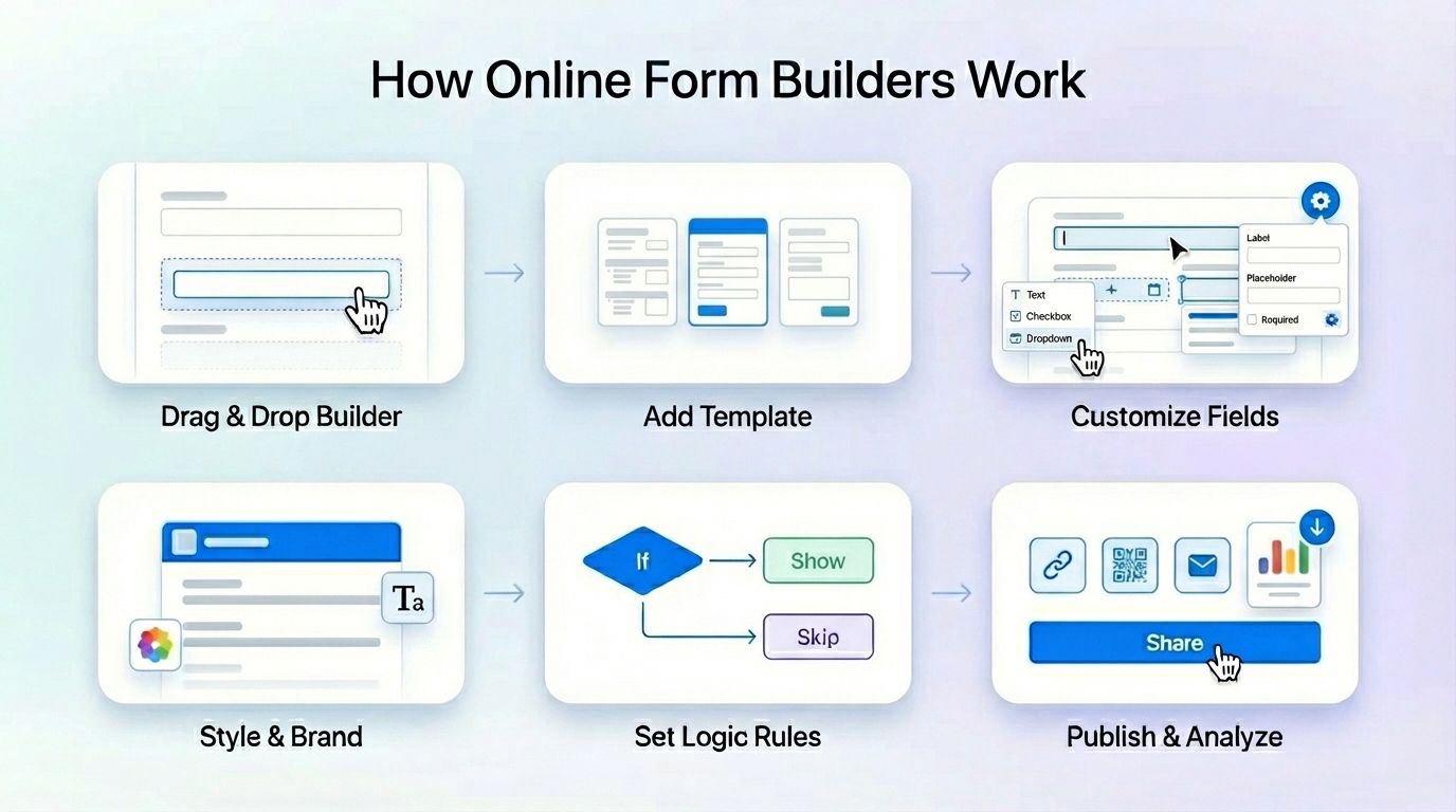 Step by step guide of online form builder. For creating forms add template, customize field, design the form as per brand, setup logic, preview & publish
