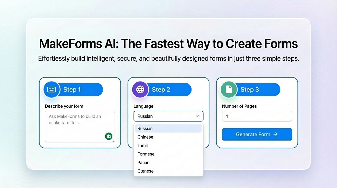 Create AI forms in 3 steps: describe your form, select langauge, add number of pages and generate the form.