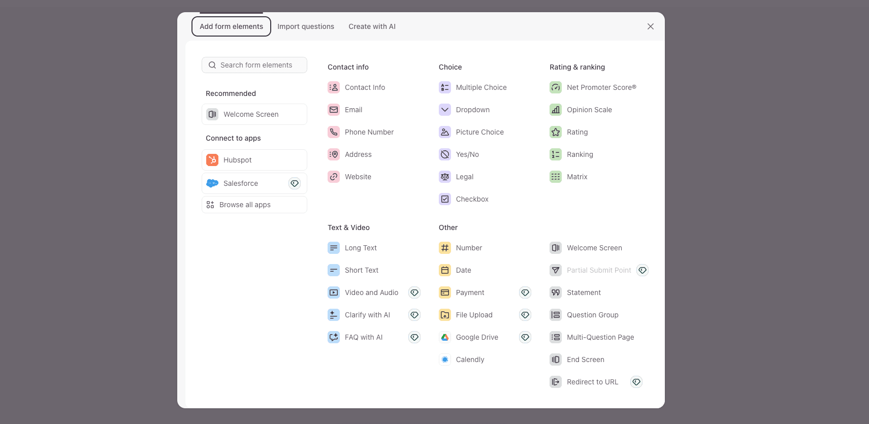 Typeform form selection