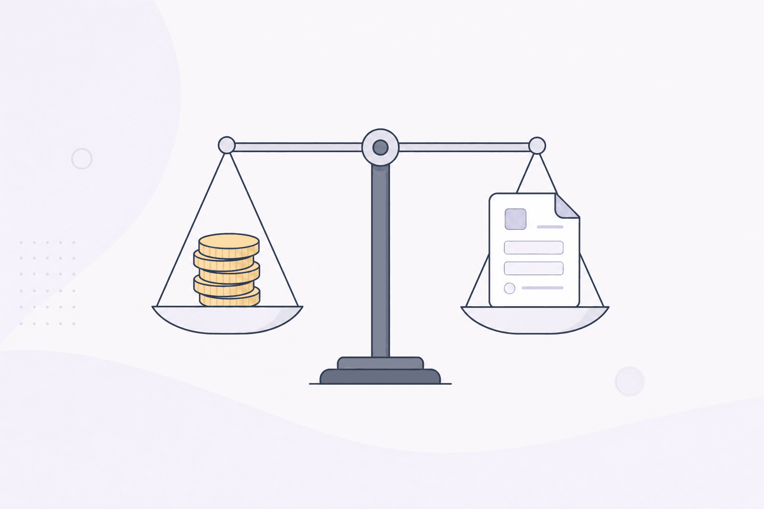 A balance scale weighing a stack of coins against a form document