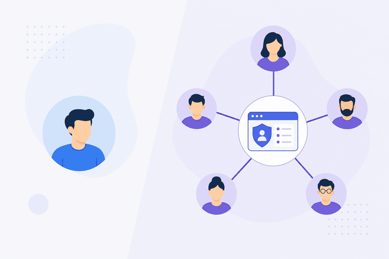 A lone user icon contrasted with a team of users connected to a central admin control point