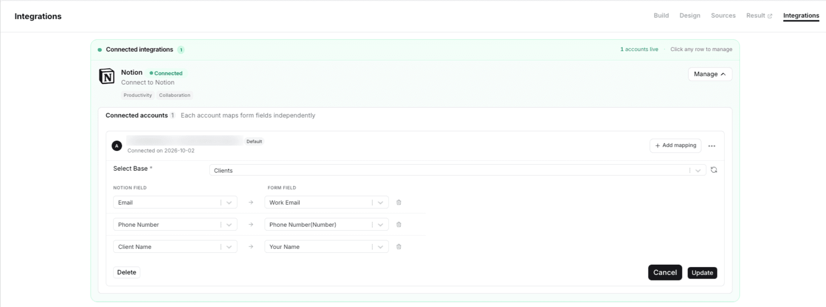 MakeForms AI form builder generating a lead qualification form with the Notion integration option visible