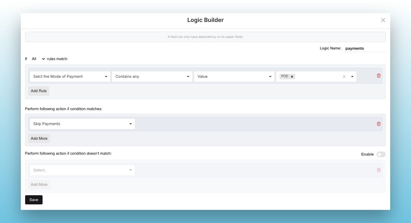 MakeForms form builder showing a multi step form with conditional logic and a payment field